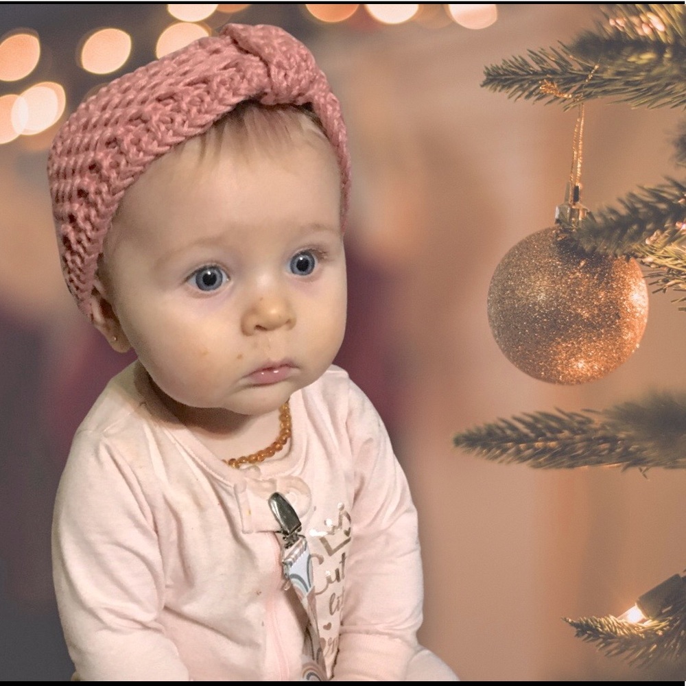 Hand knitted baby girl headband size 6-9M,  17” (43cm). 100% baby cotton yarn.